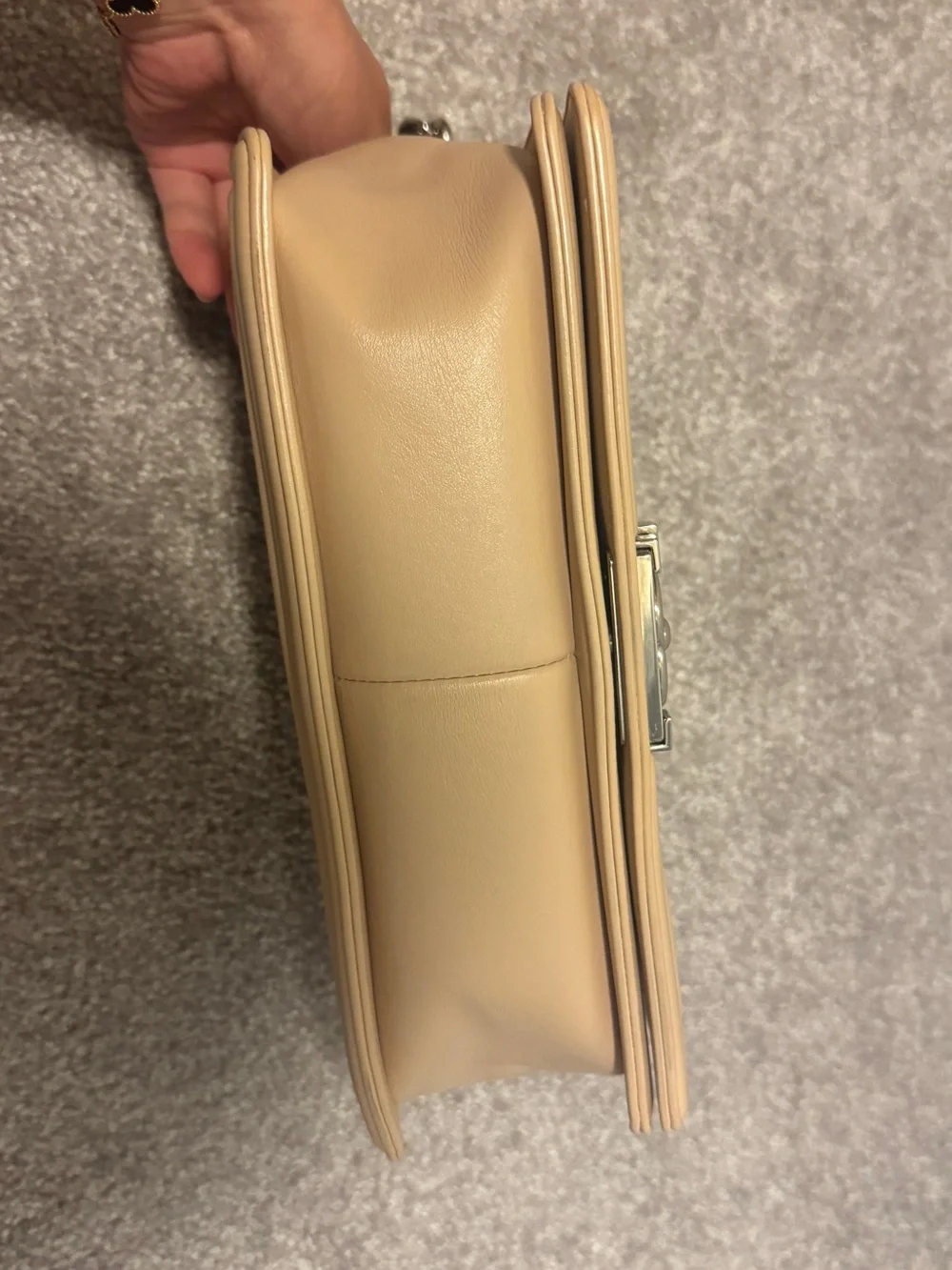 CHANEL Chevron Leather Boy Bag in Beige with Silver-Tone Hardware